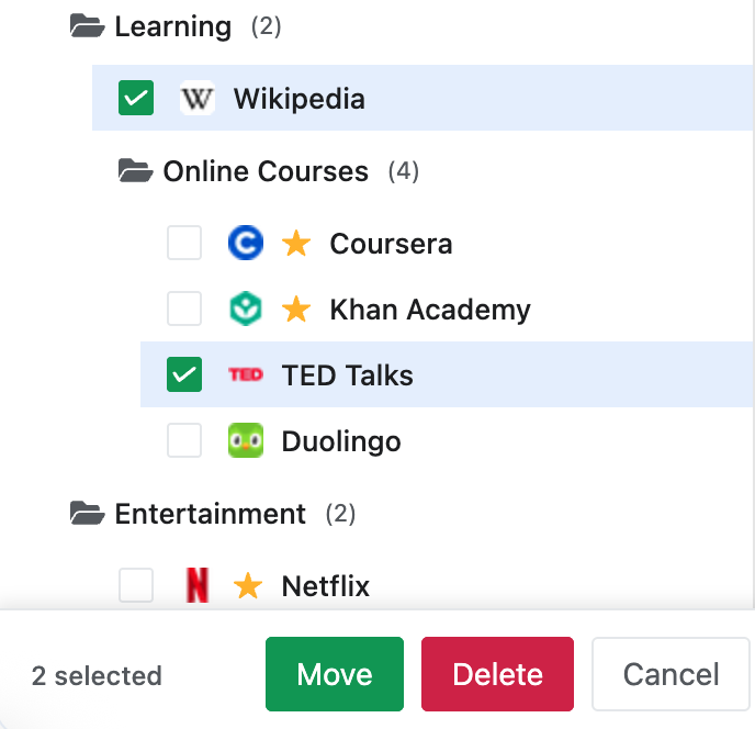 Bulk Actions - Kiwi Bookmark Manager