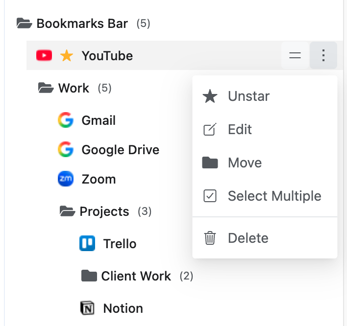 Context Menu Actions - Kiwi Bookmark Manager