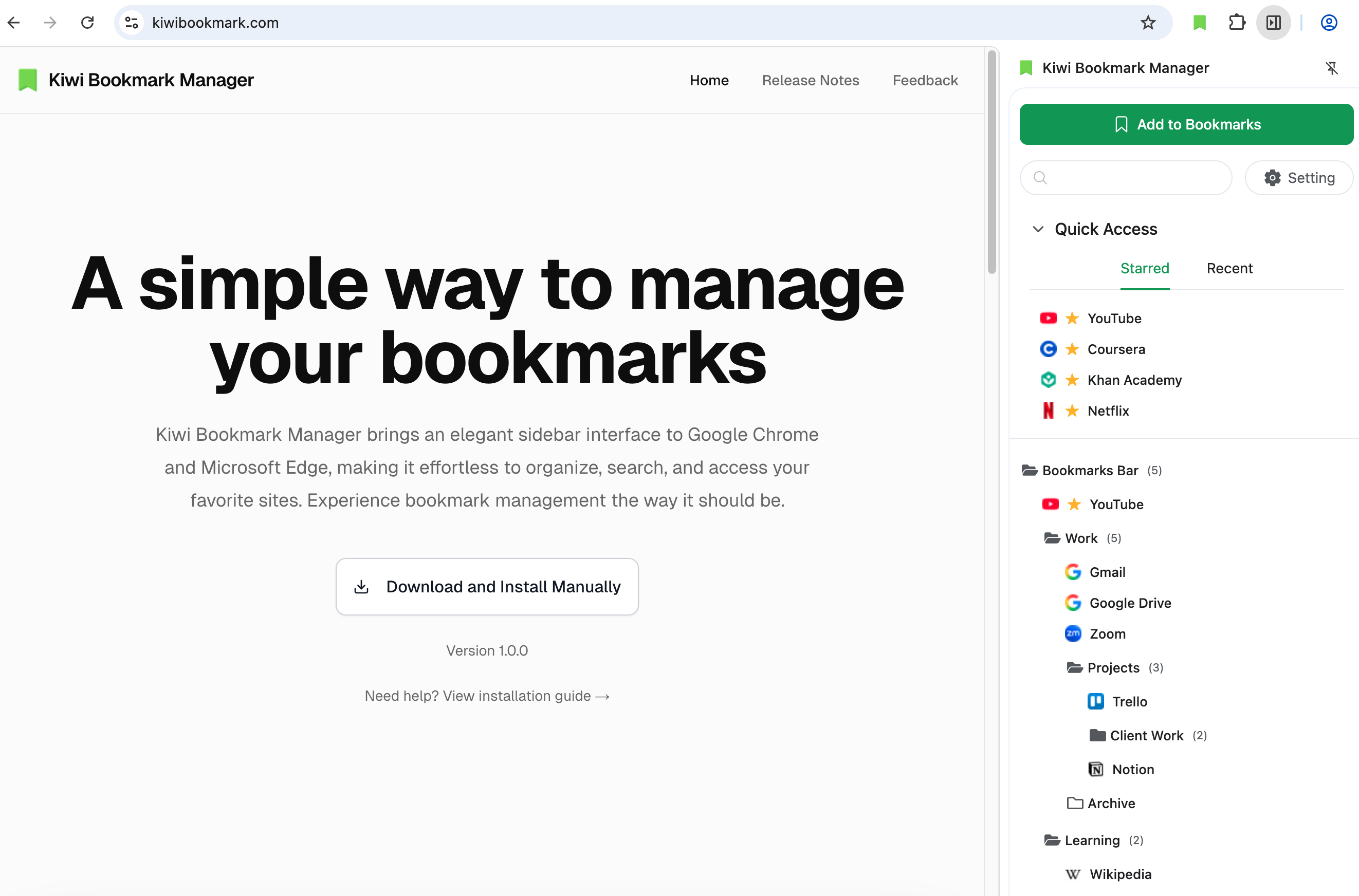 Kiwi Bookmark Manager sidebar interface in browser
